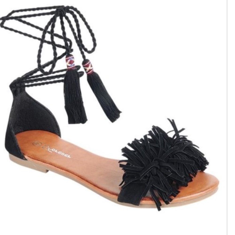 Black fringe  tie up sandals